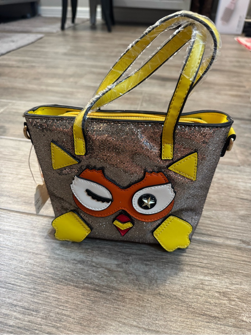 Kids Sparkle Owl Mini Tote Bag in Yellow Accent